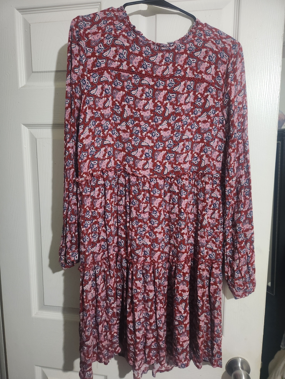 Red Paisley Tiered Long Sleeve Dress
